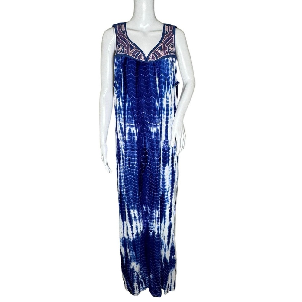 Greater Good Dress Womens XL Blue White Tie Dye Sand & Surf Beaded Boho Hippie